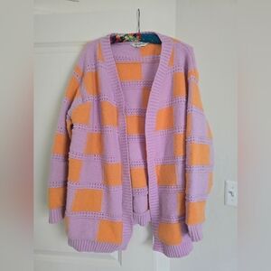 Davi & Dani Retro Colorblock Chunky Knit Cardigan Lavender Orange